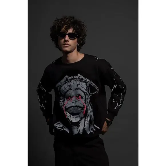 Solo Leveling Statue of God Sweater Mens M Black Knit Gothic Anime Dark Academia - Picture 2 of 8